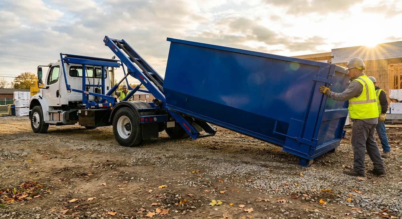 Construction dumpster delivery truck at job site in Laredo, TX
